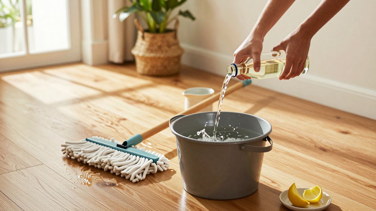 Pessoa a verter líquido num balde com esfregona no chão e fatias de limão ao lado, numa sala com planta.
