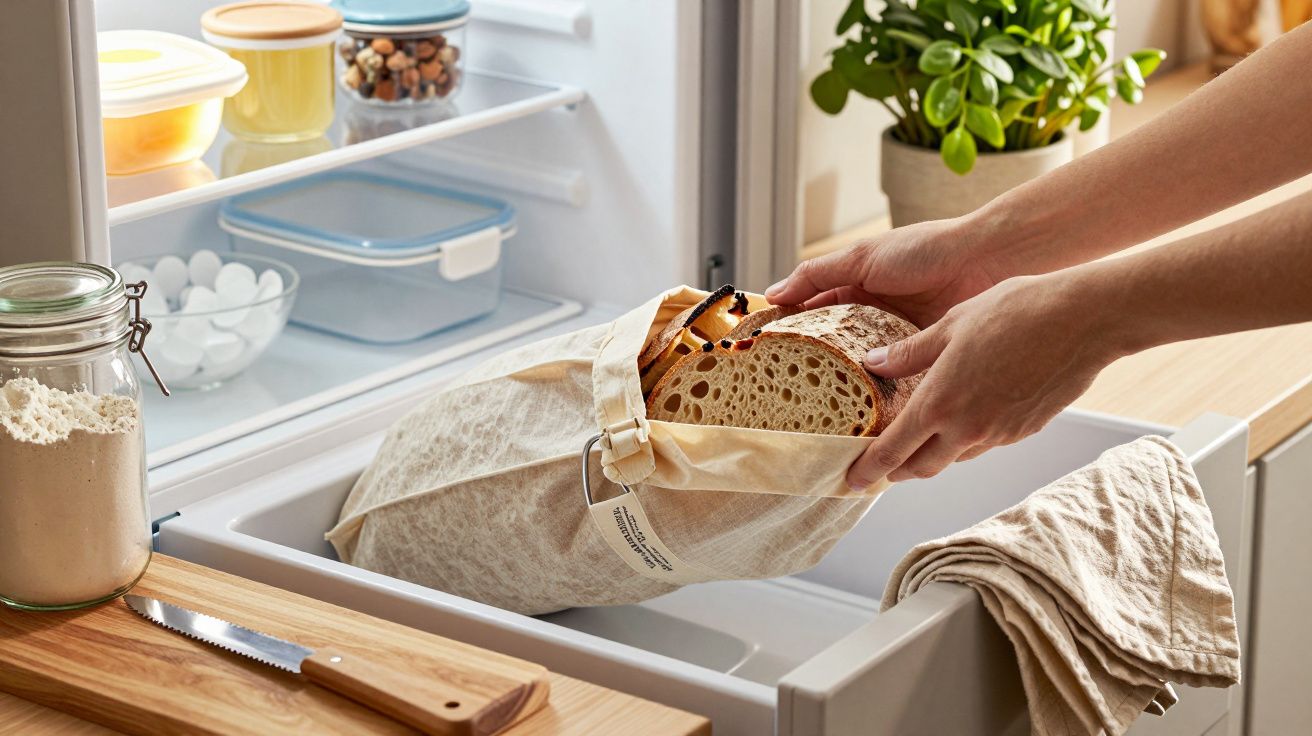 Pessoa coloca pão dentro de frigorífico, ao lado de jarros com ingredientes e faca sobre tábua de cortar.