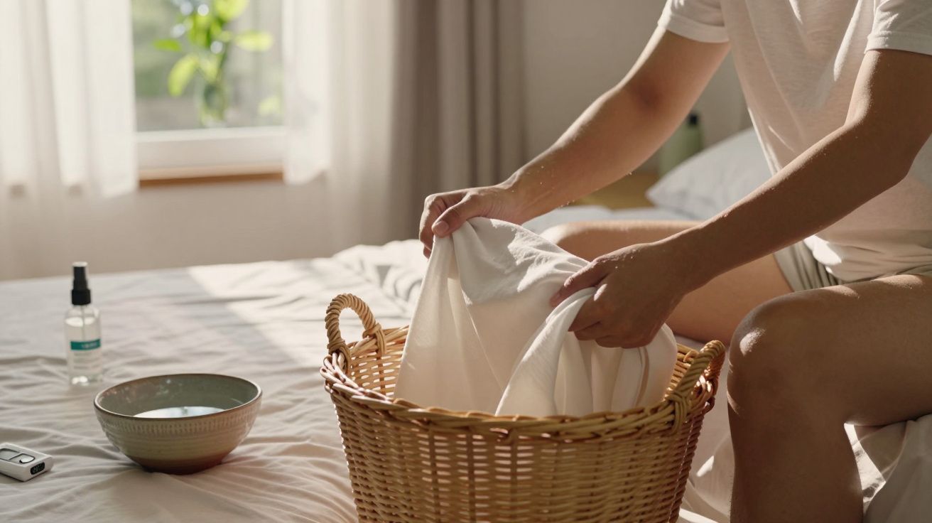 Pessoa dobra roupa branca num cesto de vime sobre uma cama, com bacia e spray ao lado.