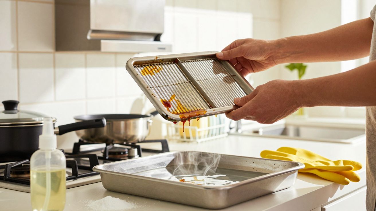 Pessoa lava grelha na cozinha com água quente e detergente, um par de luvas amarelas ao lado.
