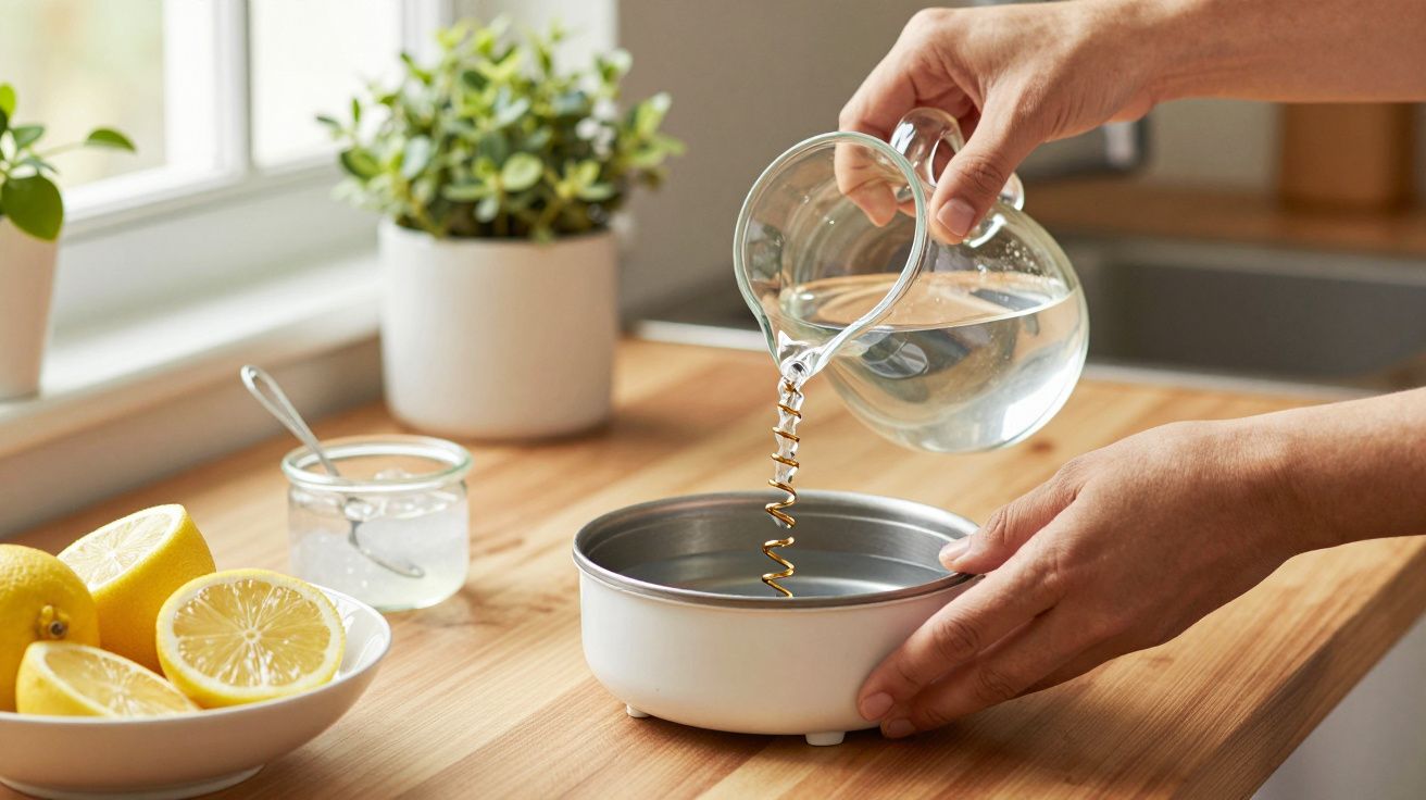 Pessoa a verter água de jarra para panela na bancada, rodeada de limões e plantas ao fundo.