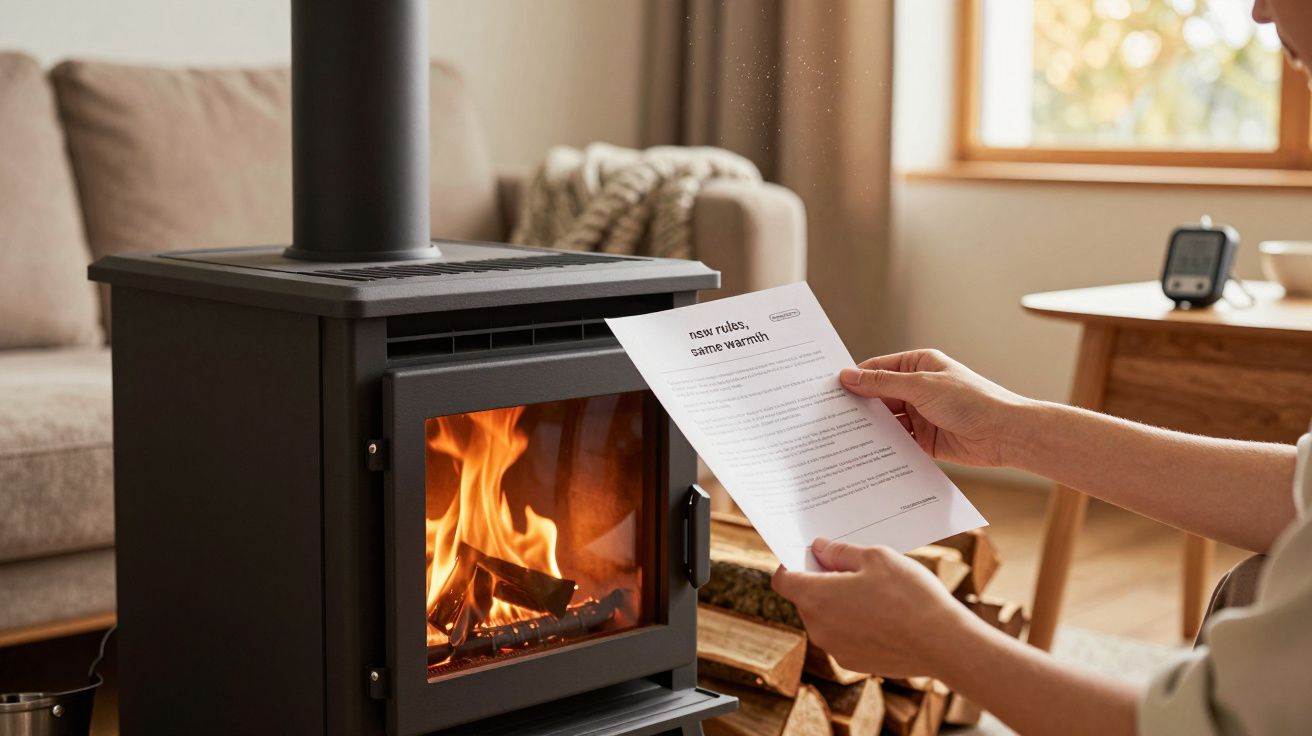 Homem segura papel em frente a lareira acesa numa sala de estar aconchegante com sofá e mesa de madeira.