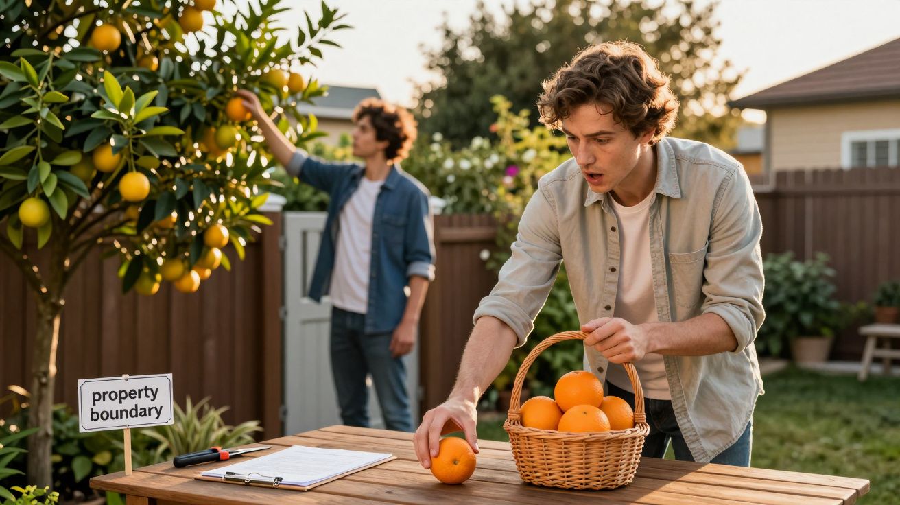 Dois homens colhem laranjas no jardim; um coloca-as num cesto sobre a mesa; placa indica limite de propriedade.