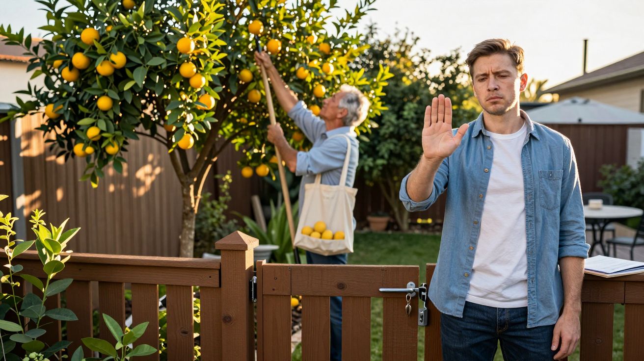 Homem idoso colhe laranjas no jardim enquanto outro homem está junto à cerca com a mão levantada, pedindo para parar.