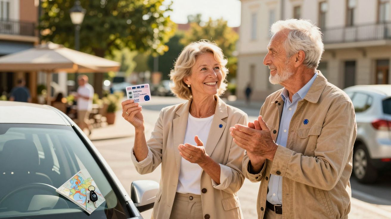 Casal sénior sorridente em frente a carro, ela segura um cartão, ele aplaude num ambiente urbano ensolarado.