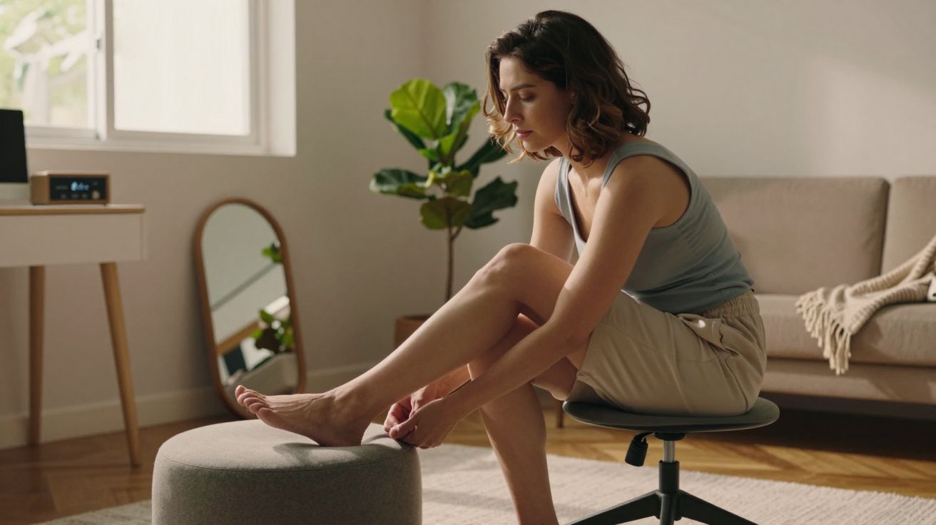 Mulher sentada em casa, ajustando o pé, com plantas e espelho ao fundo.