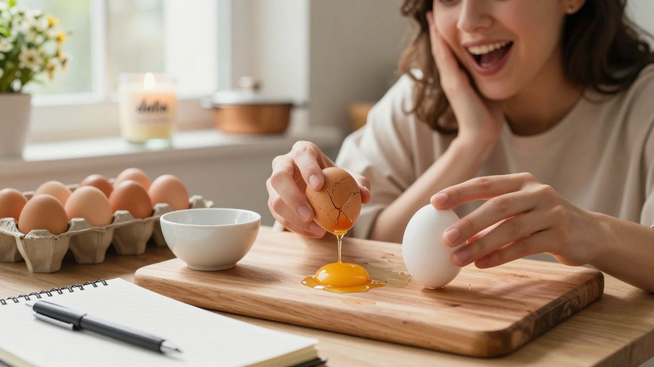 Mulher feliz quebra ovo em tábua de madeira, com caderno, ovos e vela ao lado.