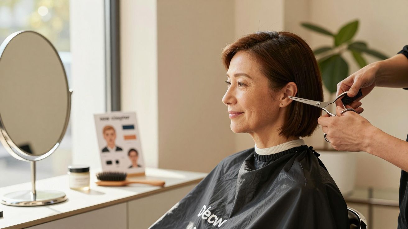 Mulher sorrindo enquanto cabeleireiro corta o seu cabelo, com espelho redondo na frente e plantas ao fundo.