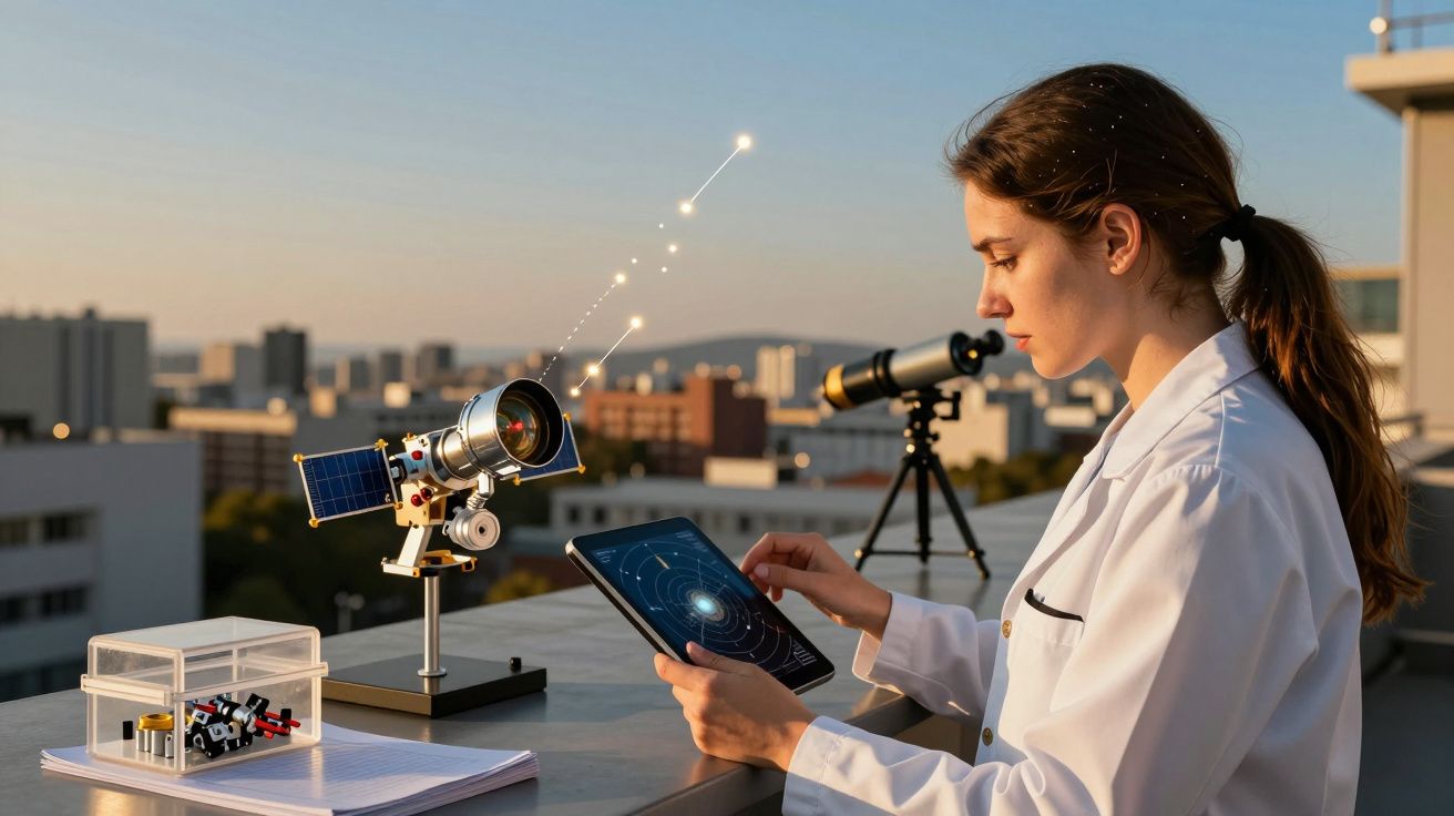 Mulher de bata branca usando tablet ao lado de um telescópio no terraço, com cidade ao fundo.