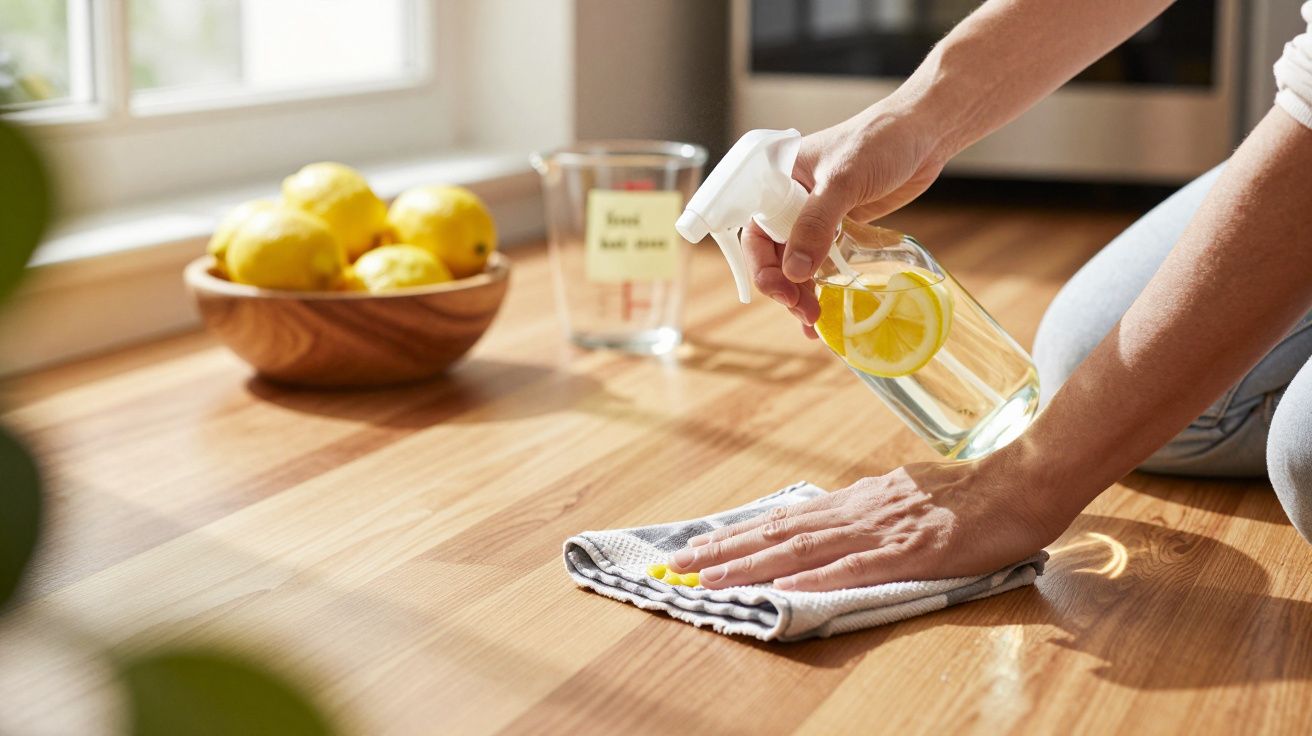 Pessoa a limpar o chão de madeira com spray caseiro de limão, ao lado de tigela com limões e copo medidor.