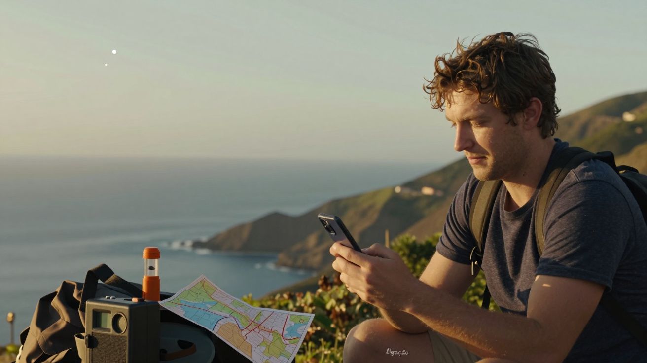 Homem sentado num penhasco, usa telemóvel, com mapa e mochila, vista para o mar ao entardecer.