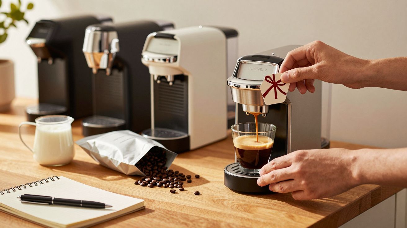 Pessoa a preparar café numa máquina expresso em bancada de madeira, com leite, grãos de café, bloco de notas e caneta.