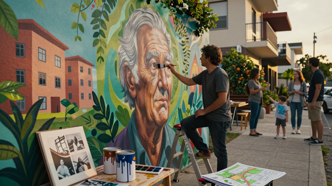 Artista pinta mural colorido de senhor idoso em parede, com pessoas a passear ao fundo.