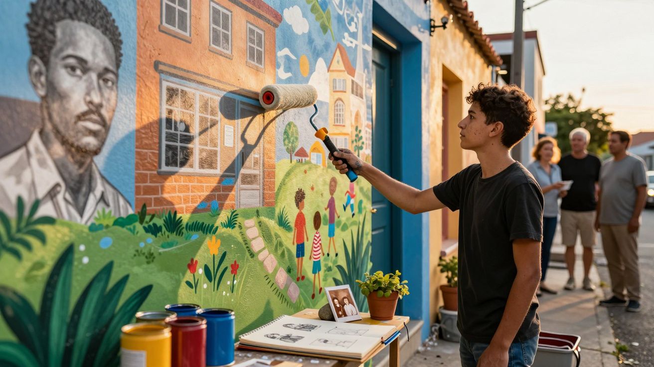 Jovem pinta mural colorido numa parede, com pessoas a observar ao fundo, num dia ensolarado.