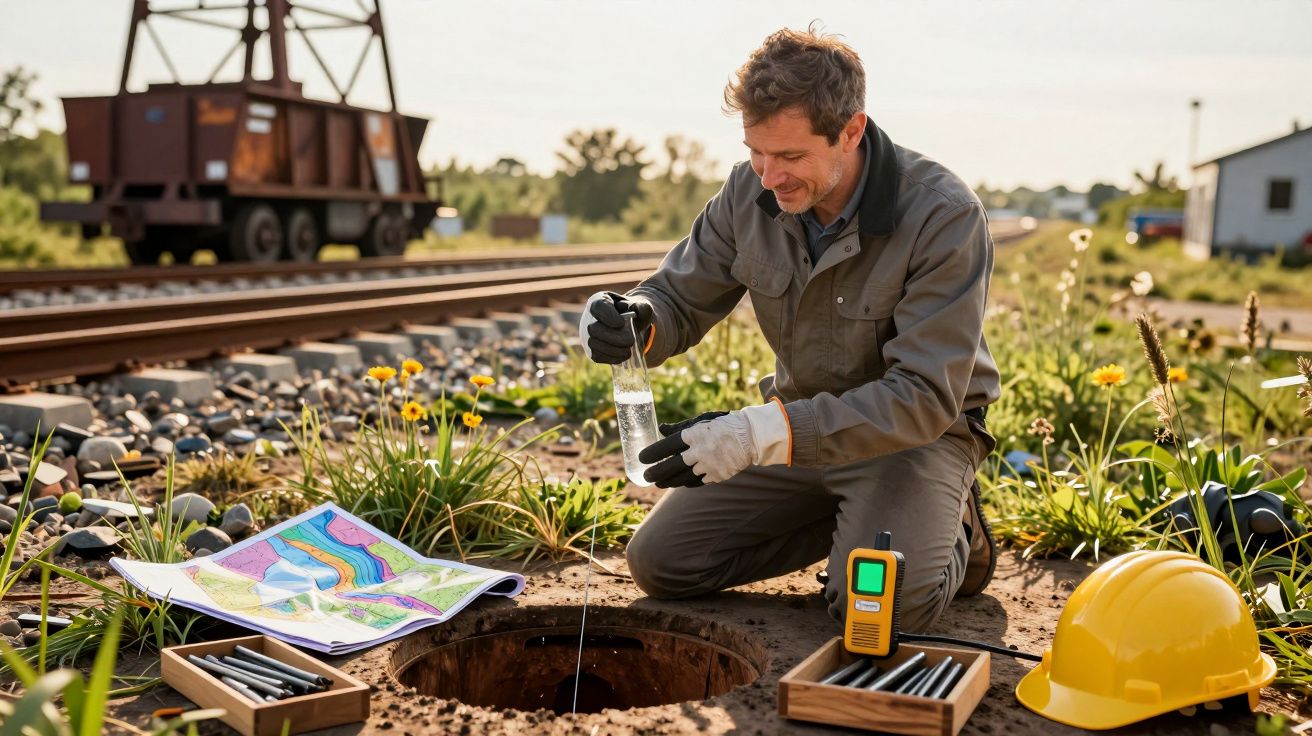 Engenheiro testa amostra de água perto de trilhos ferroviários, com mapas e equipamento técnico ao seu lado.