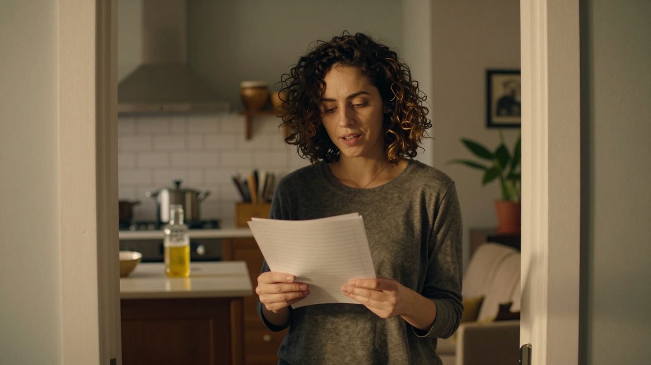 Mulher de cabelo encaracolado lê folha de papel na sala, com cozinha ao fundo.