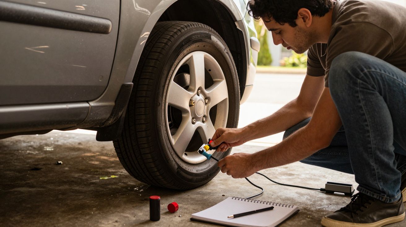 Homem verifica pressão do pneu de um carro com medidor. Bloco de notas e cápsulas no chão.