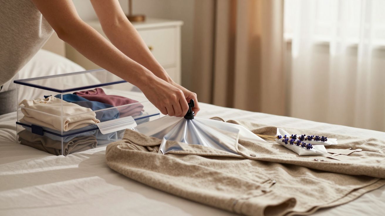 Pessoa arruma roupa dobrada em caixa transparente sobre cama, com casaquinho bege e flor de lavanda ao lado.