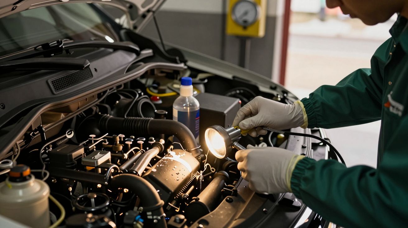 Mecânico inspeciona motor de carro com lanterna em oficina, usando luvas e fato verde.