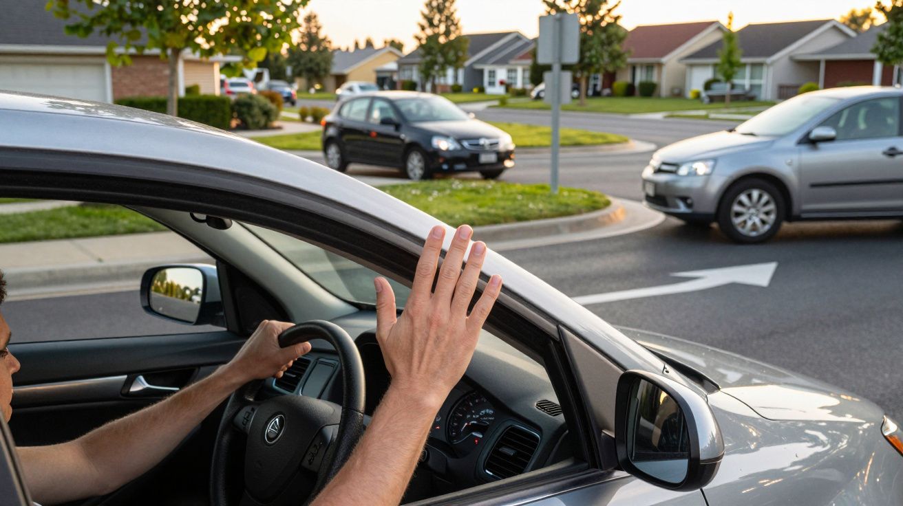 Motorista a cumprimentar com a mão fora da janela do carro numa rua residencial com mais veículos ao fundo.