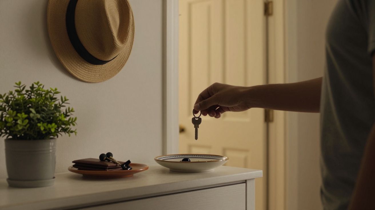 Pessoa coloca chave num prato sobre cómoda, ao lado de vaso com planta e chapéu na parede.