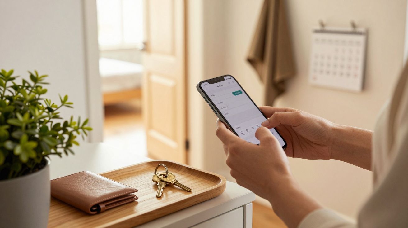 Pessoa usando smartphone ao lado de bandeja com carteira e chaves, planta e calendário na parede.