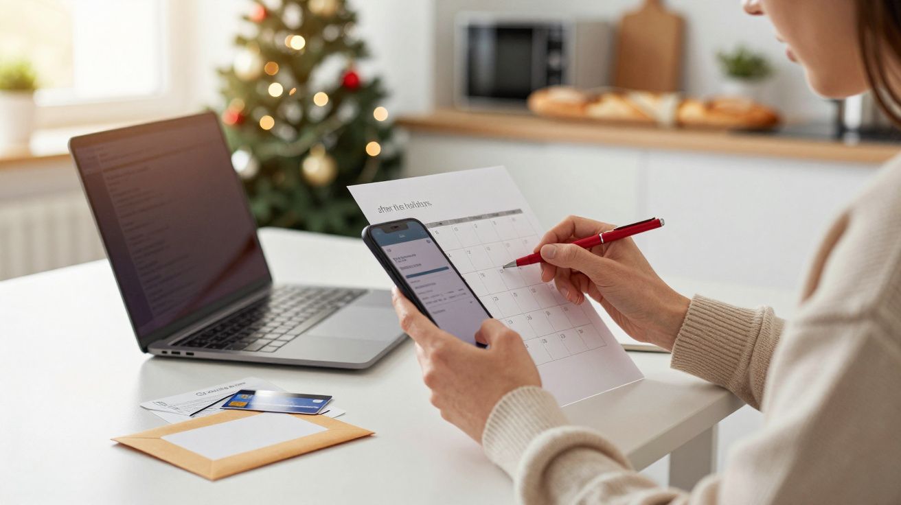 Mulher em mesa a agendar num calendário com smartphone. Laptop e árvore de Natal no fundo.