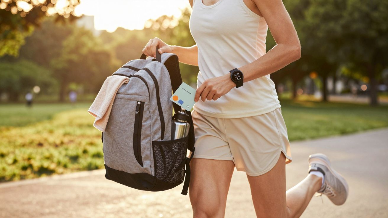 Pessoa a correr num parque, com mochila cinza, garrafa, toalha e cartão na mão ao pôr do sol.