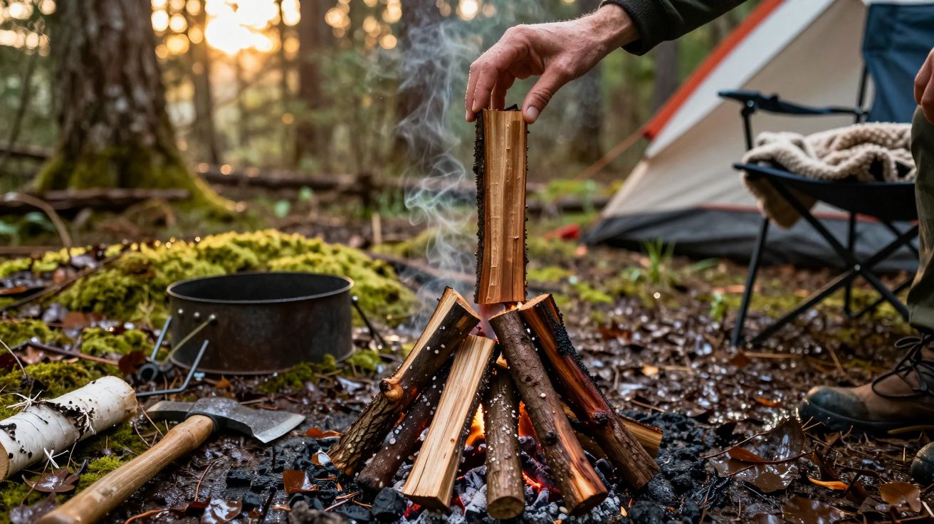 Mão acrescentando lenha a uma fogueira num acampamento na floresta, com tenda e cadeiras ao fundo.