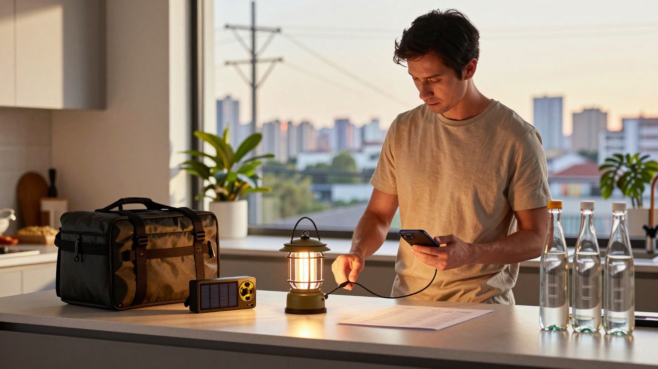 Homem carrega lanterna solar numa cozinha moderna com fundo urbano visível pela janela.