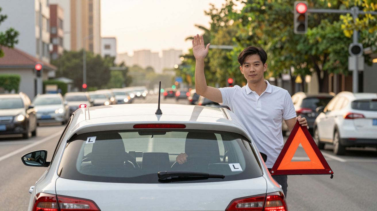 Homem ao lado de carro parado com triângulo de sinalização na mão, levantando a mão numa rua movimentada.