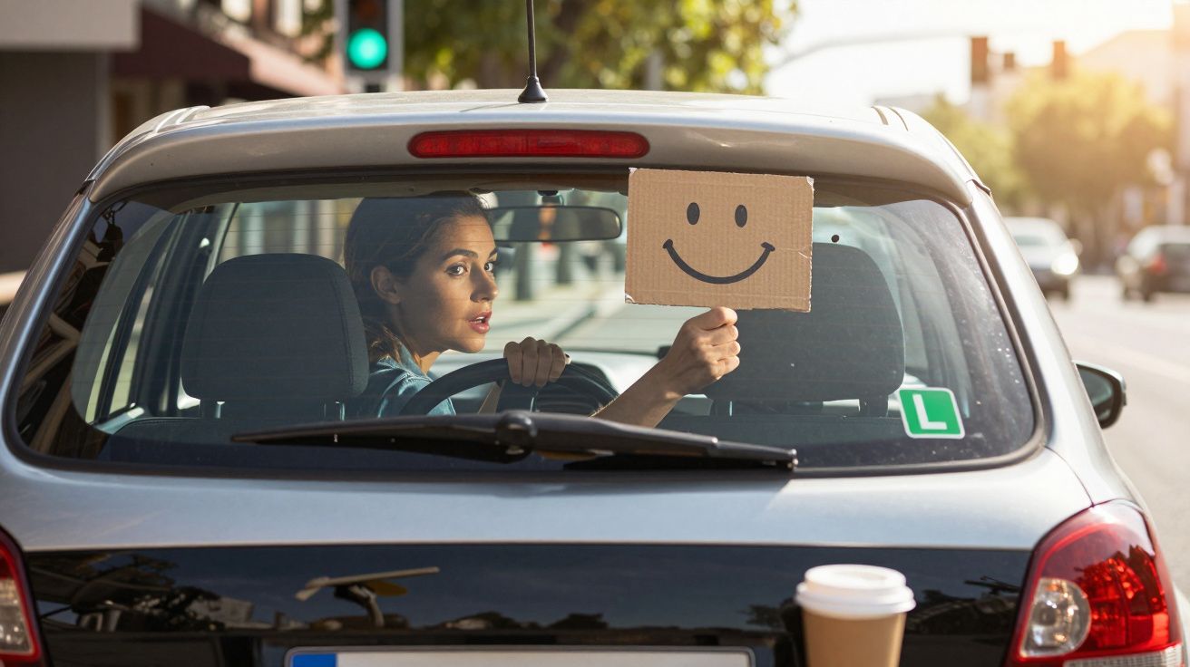 Mulher num carro com sinal de smiley desenhado em cartão, sinal de instrução na janela, copo de café no para-choque.