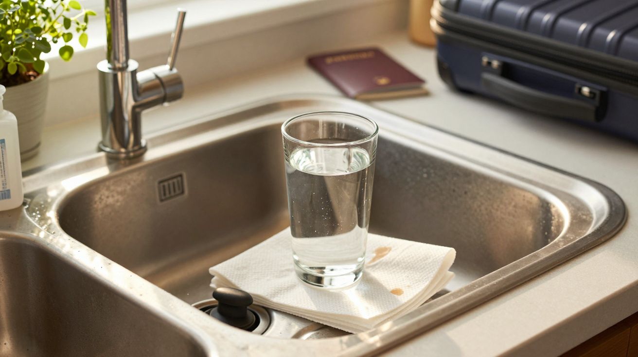 Copo de água sobre lenço de papel na pia da cozinha, com passaporte e mala ao fundo.