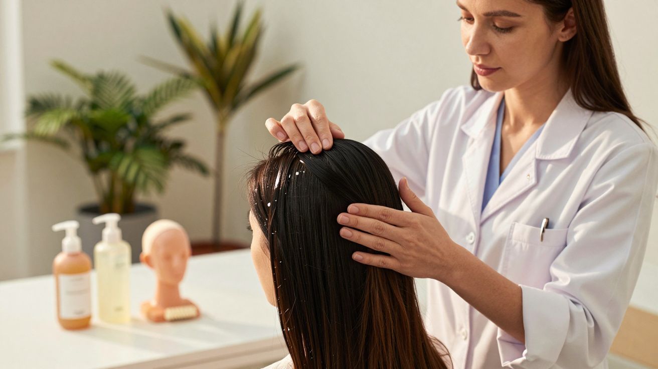 Mulher de bata examina o cabelo de outra mulher num consultório. Produtos de cuidados capilares visíveis ao fundo.