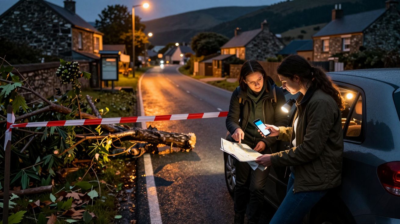 Duas pessoas junto a um carro à noite, olhando um mapa, com estrada bloqueada por uma árvore caída e fita de segurança.