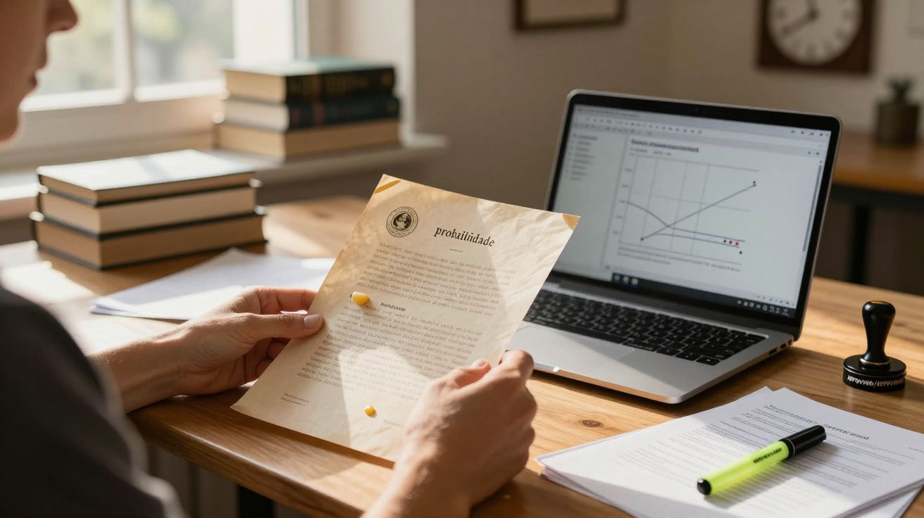 Pessoa segurando folha com texto em mesa ao lado de portátil com gráfico, livros empilhados e papéis.