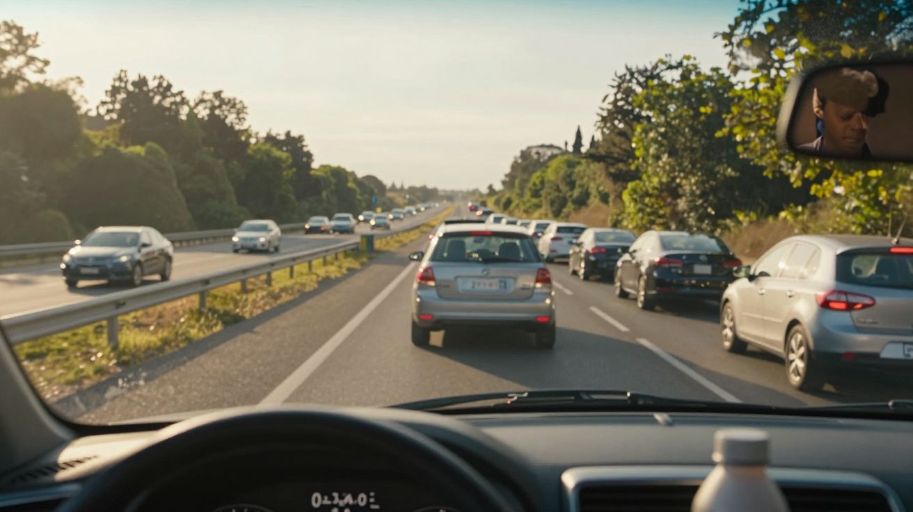 Vista da estrada a partir do interior de um carro, mostrando tráfego lento em ambos os sentidos ao entardecer.