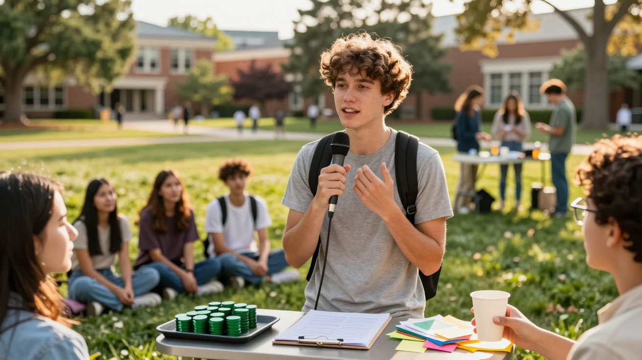 Jovem fala ao microfone ao ar livre diante de colegas sentados, com papéis e fichas numa mesa ao ar livre.