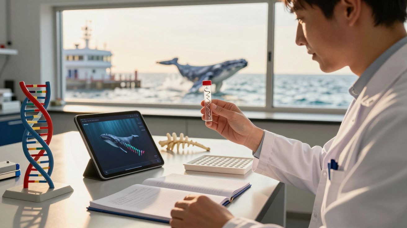 Cientista analisa tubo de ensaio em laboratório com modelo de ADN e baleia a saltar no mar ao fundo.