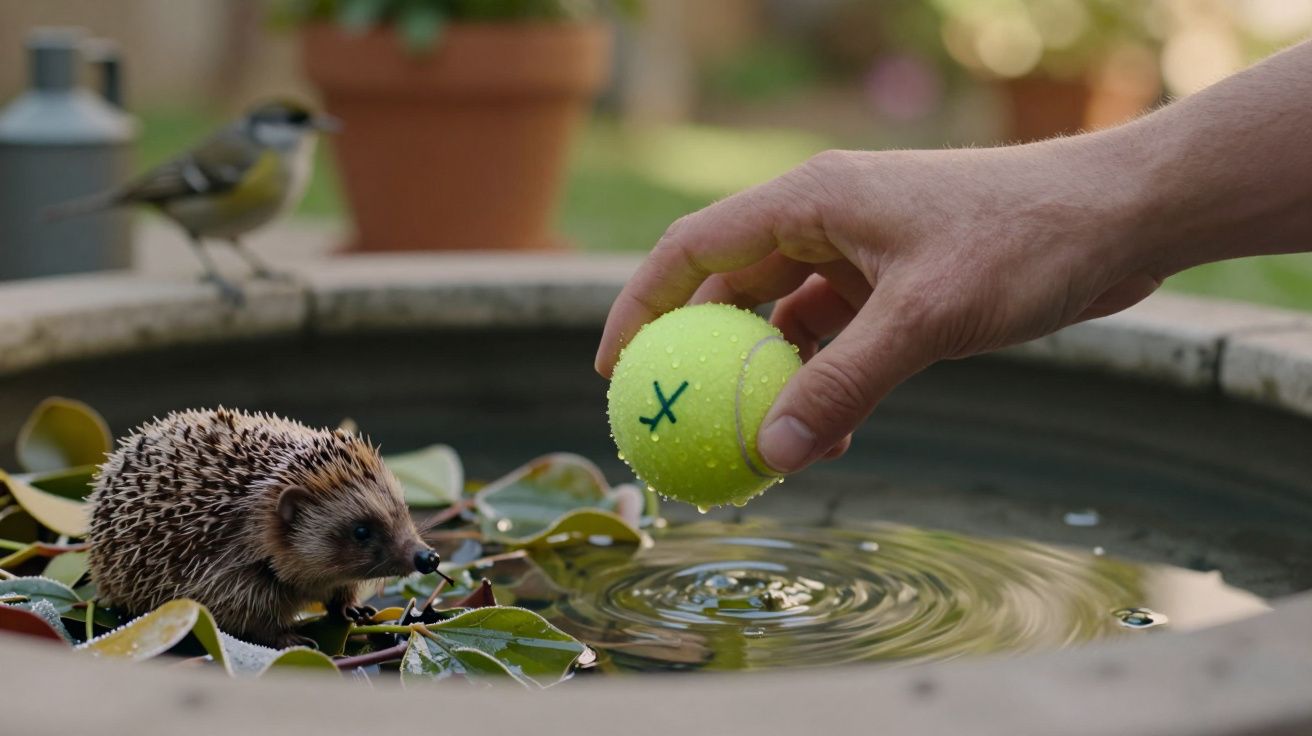 Mão coloca bola de ténis amarela com um 'X' na água perto de um ouriço, com folhas e um pássaro ao fundo.