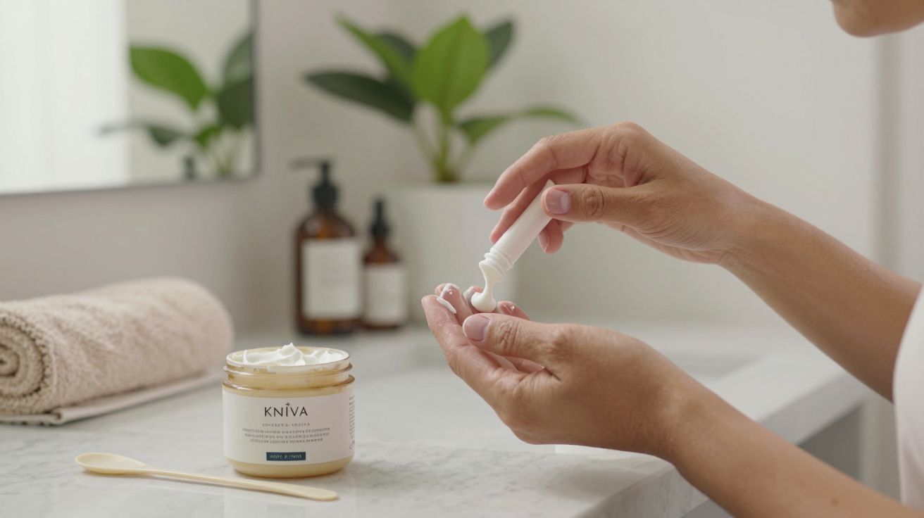 Mãos aplicando creme na casa de banho com toalha e plantas ao fundo.