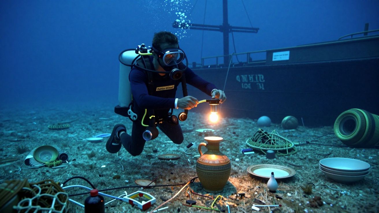 Mergulhador examina ânforas e artefactos submersos num leito marinho, com barco afundado ao fundo.