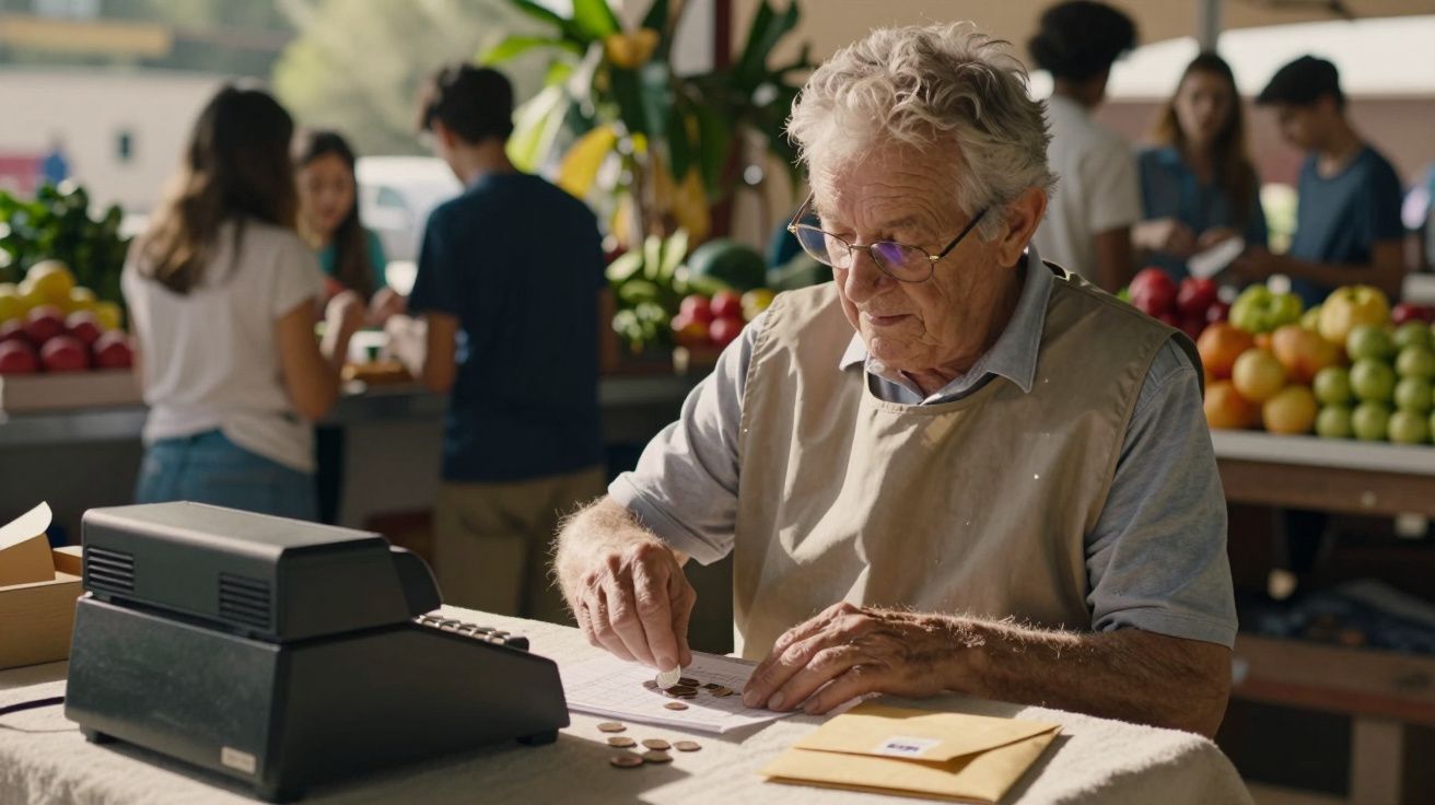 Senhor idoso conta moedas numa banca de frutas ao ar livre, com uma calculadora ao lado e pessoas ao fundo.