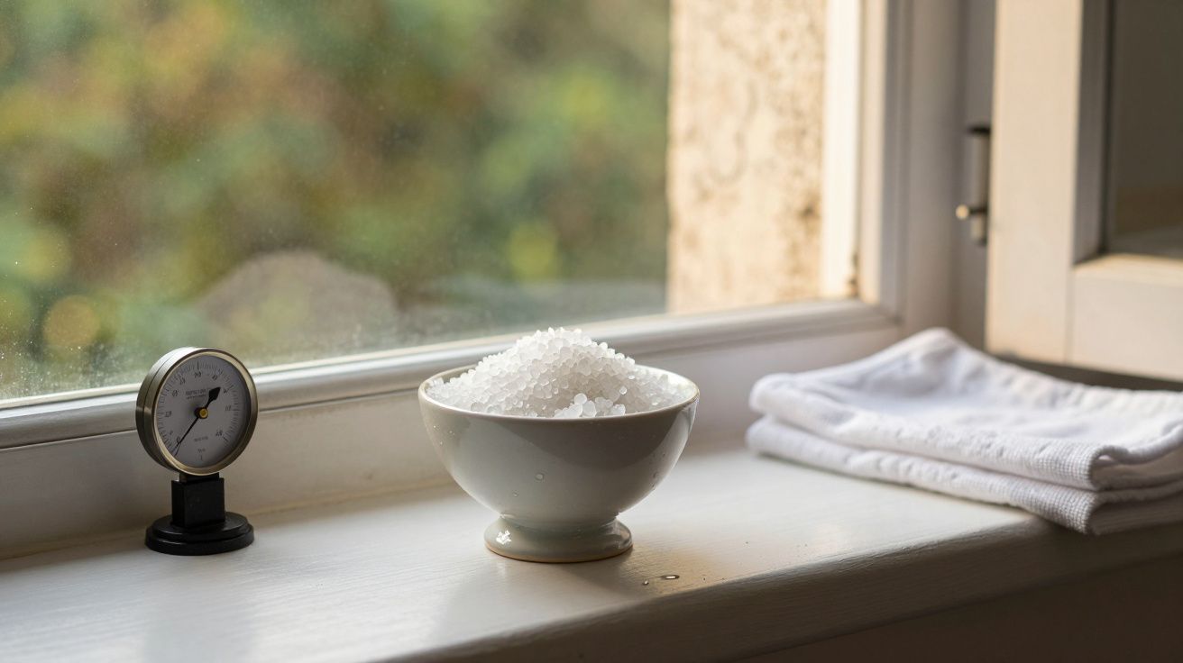 Tigela com sais de banho, toalhas e termómetro em parapeito de janela, luz suave.