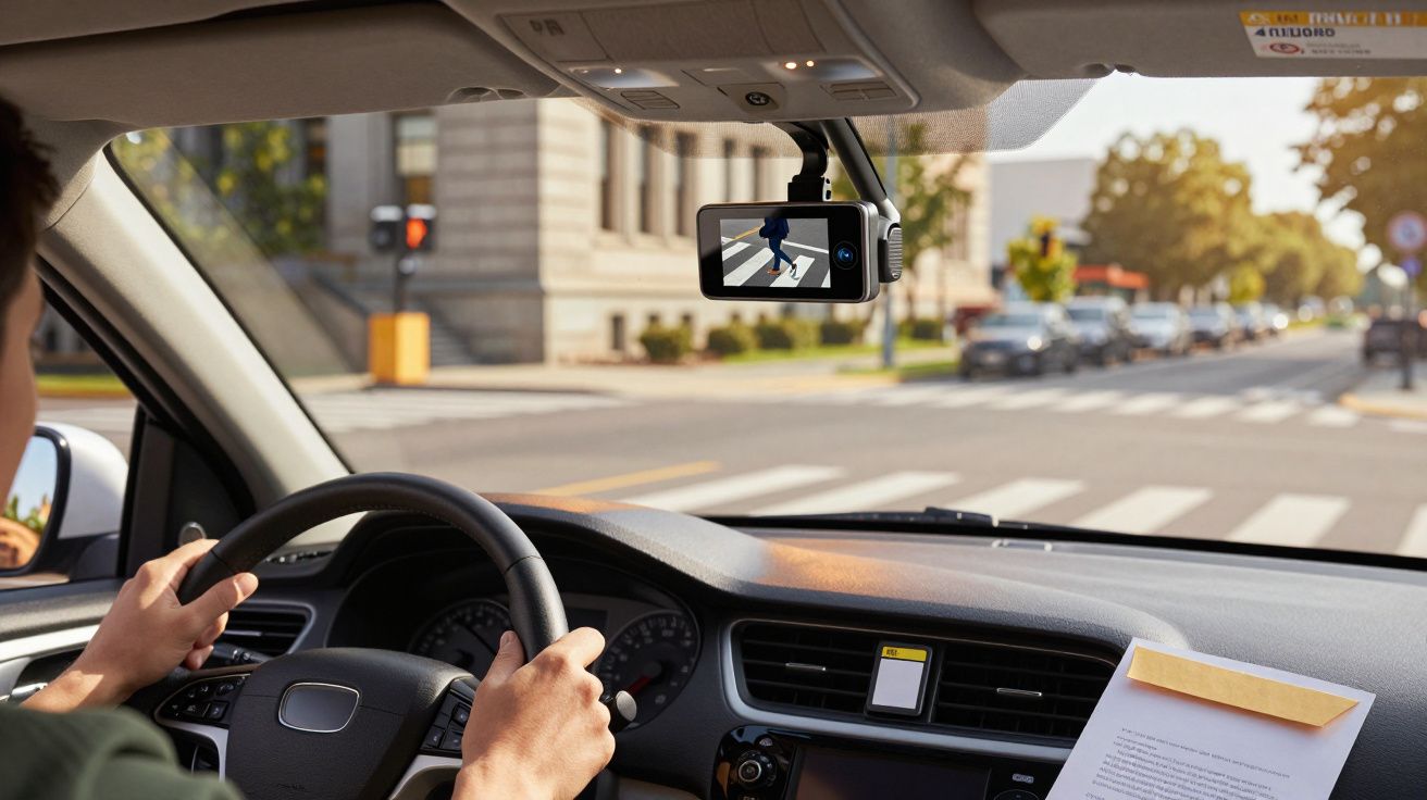 Pessoa a conduzir carro, câmara no pára-brisas, semáforo ao fundo, dia ensolarado.