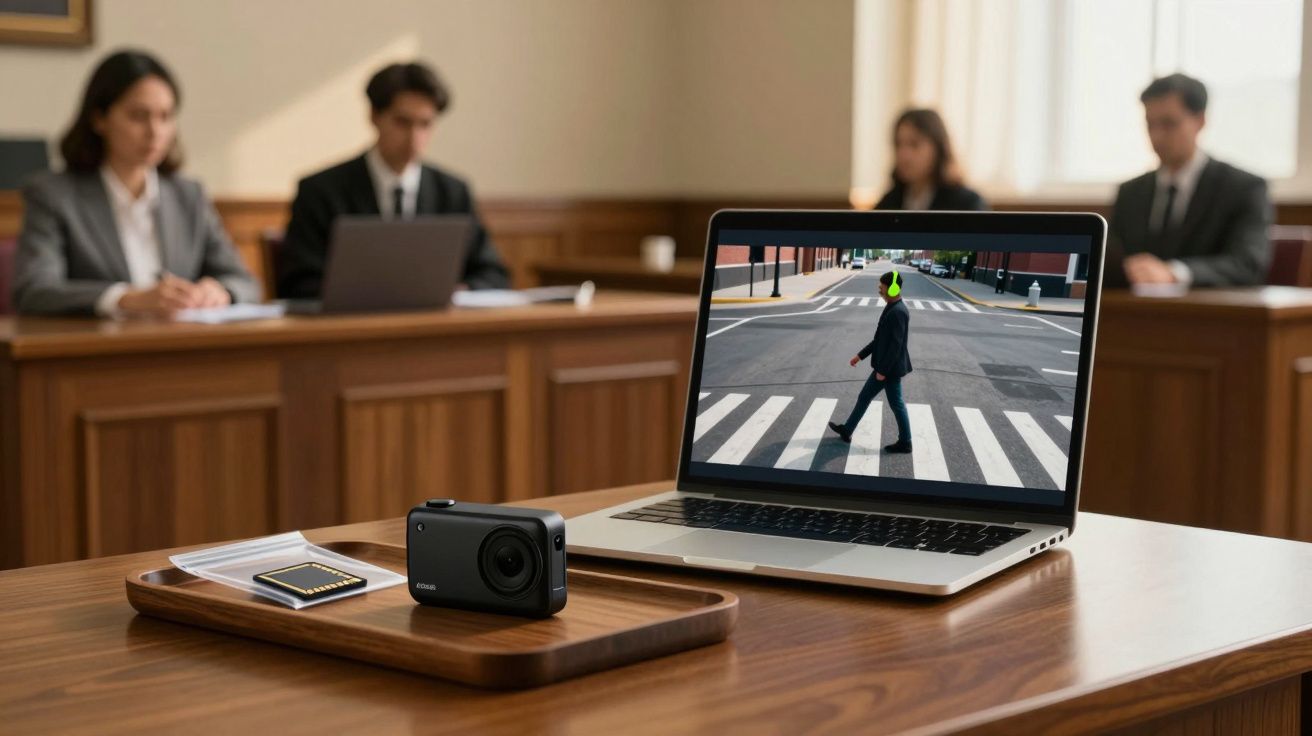 Computador portátil numa mesa de madeira exibe imagem de pessoa a atravessar passadeira. Câmara e bilhetes ao lado.