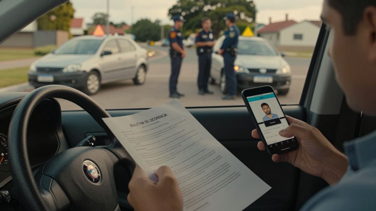 Homem no carro segura boletim de ocorrência e telemóvel; ao fundo, polícia conversa com condutor após acidente.