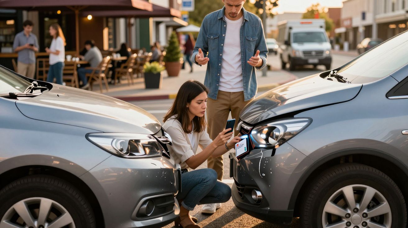 Mulher fotografa colisão entre dois carros cinzentos enquanto homem gesticula preocupado numa rua movimentada.