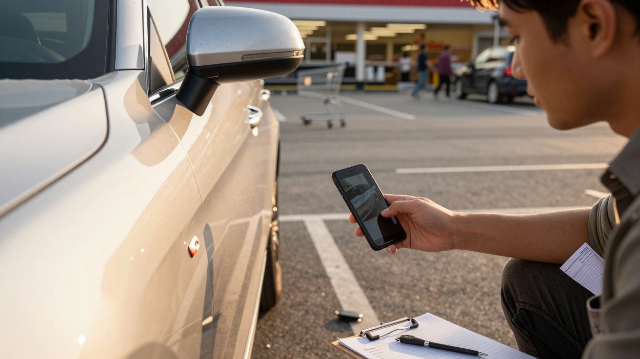 Homem agachado ao lado de um carro prata, segurando um telemóvel e bloco de notas, num parque de estacionamento.