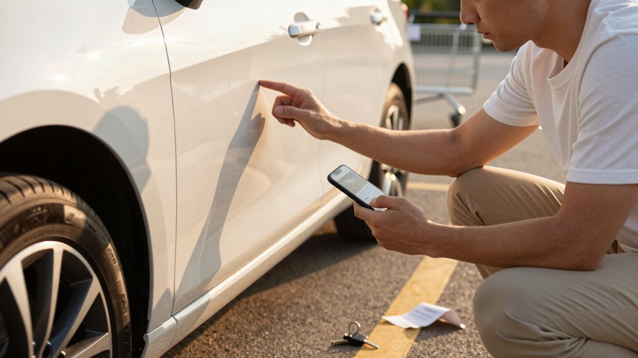 Homem inspeciona risco num carro branco com um telemóvel.